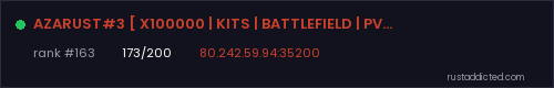 AZARUST#3 [ X100000 | KITS | BATTLEFIELD | PVP ] 03.08 – Rust server stats