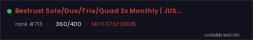 Bestrust Solo/Duo/Trio/Quad 2x Monthly | JUST FULLWIPED 06.08 0 – Rust server stats