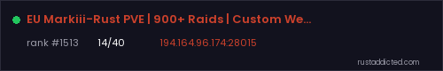 EU Markiii-Rust PVE | 900+ Raids | Custom Weapons | Markiii-Pro – Rust server stats