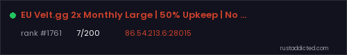 EU Velt.gg 2x Monthly Large | 50% Upkeep | No BP Wipes | x2 – Rust server stats