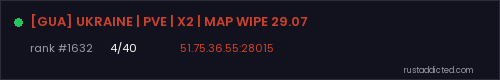 [GUA] UKRAINE | PVE | X2 | MAP WIPE 29.07 – Rust server stats