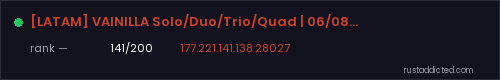 [LATAM] VAINILLA Solo/Duo/Trio/Quad | 06/08 Full Wipe – Rust server stats