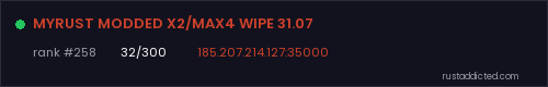 MYRUST MODDED X2/MAX4 WIPE 31.07 – Rust server stats