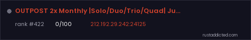 OUTPOST 2x Monthly |Solo/Duo/Trio/Quad| Just Wiped #2 – Rust server stats