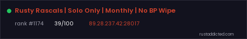 Rusty Rascals | Solo Only | Monthly | No BP Wipe – Rust server stats