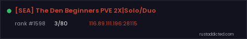 [SEA] The Den Beginners PVE 2X|Solo/Duo – Rust server stats
