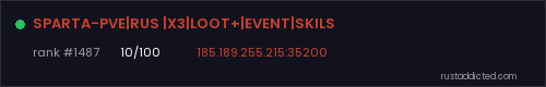 SPARTA-PVE|RUS |X3|LOOT+|EVENT|SKILS – Rust server stats