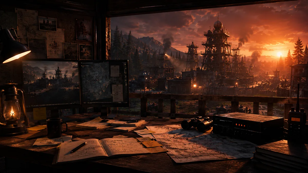 Field desk with notes and maps overlooking a Rust compound at sunset