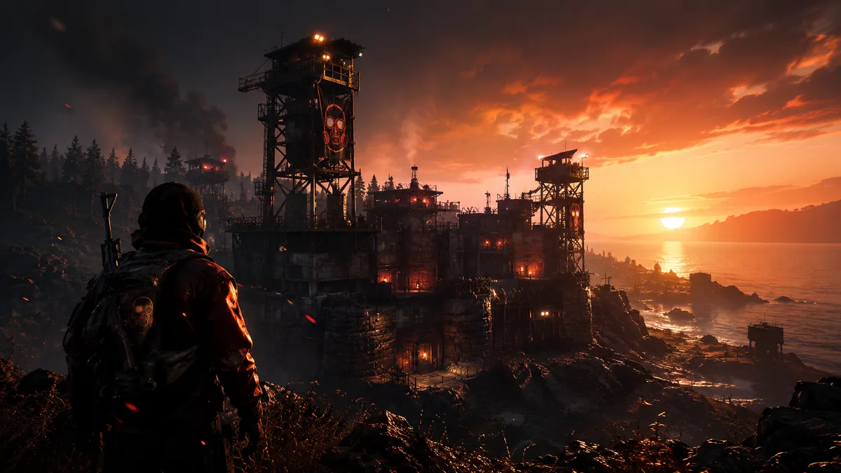 Fortified Rust base on the coast at sunset