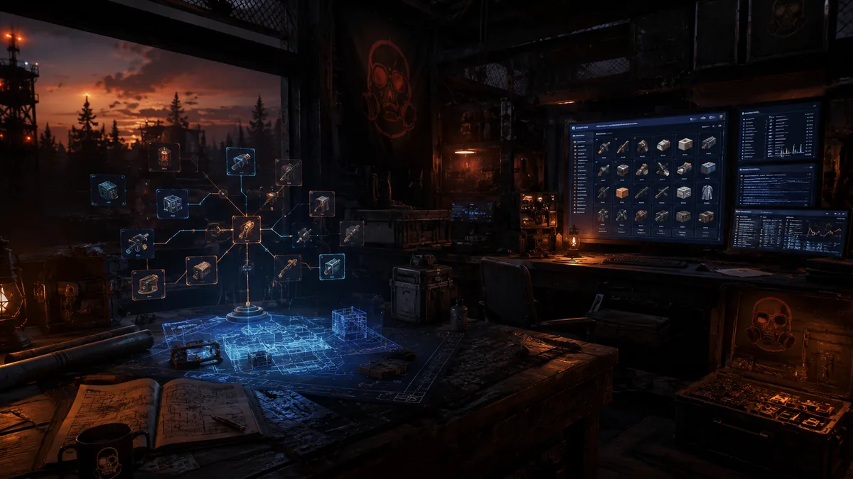 Workshop desk with a holographic tech tree and item database screens